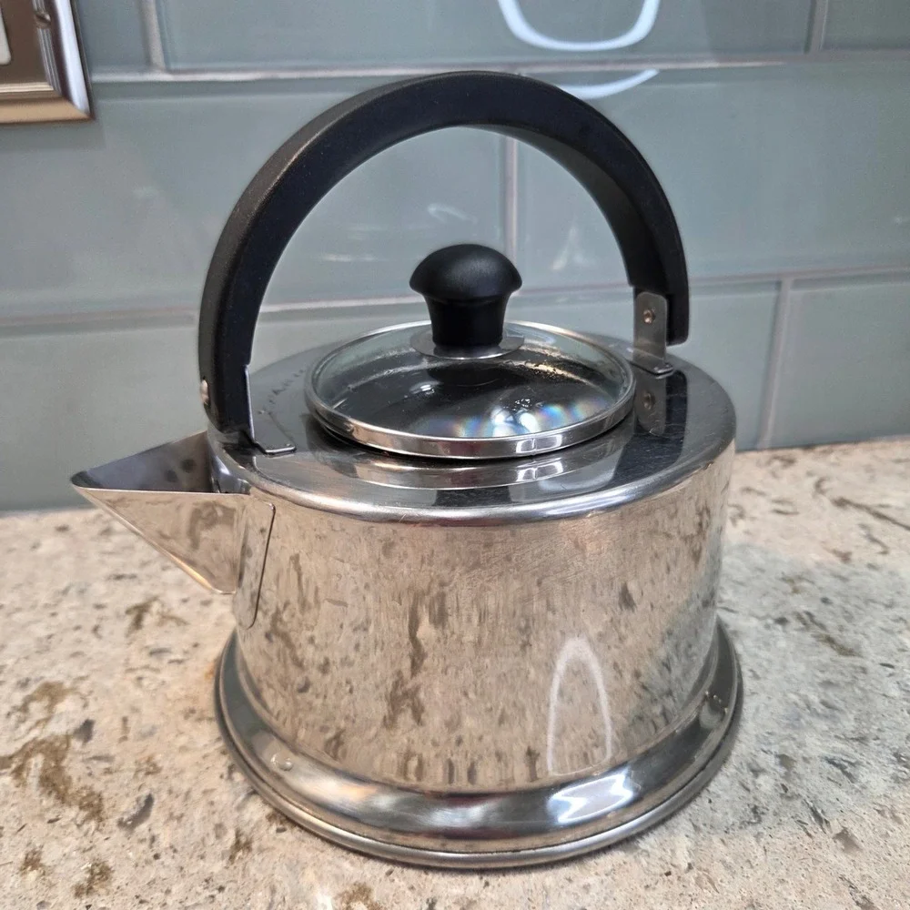 Stainless Steel Stovetop Tea Kettle with Glass Lid and Black Arched Handle
